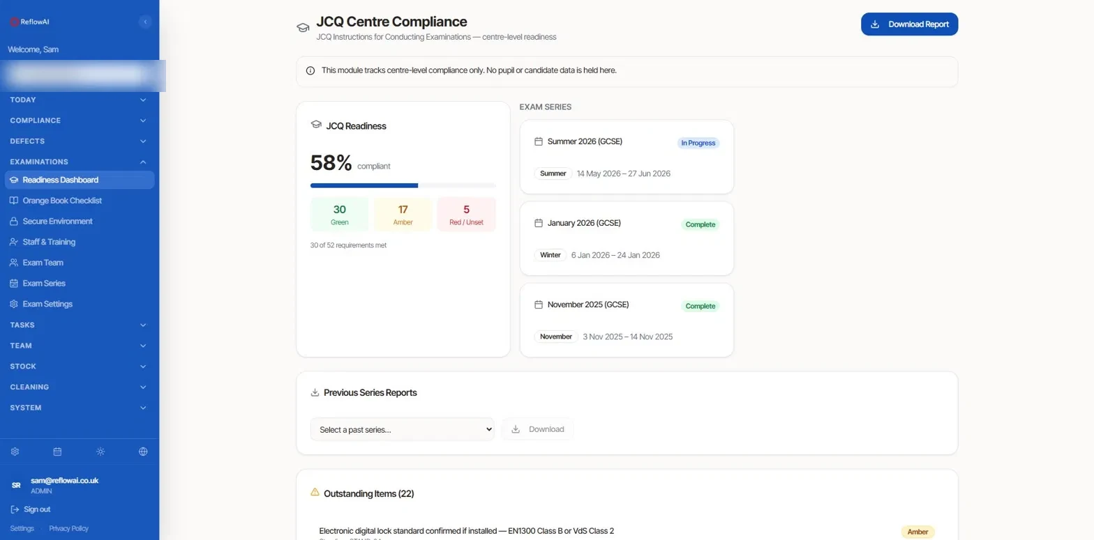 FitForAudit Schools JCQ Centre Compliance readiness dashboard showing 52 requirements and exam series tracking